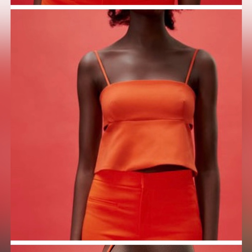 Zara Orange Wide Leg Slit Cuff High Rise Pants & Cut-Out Straight Neckline Crop